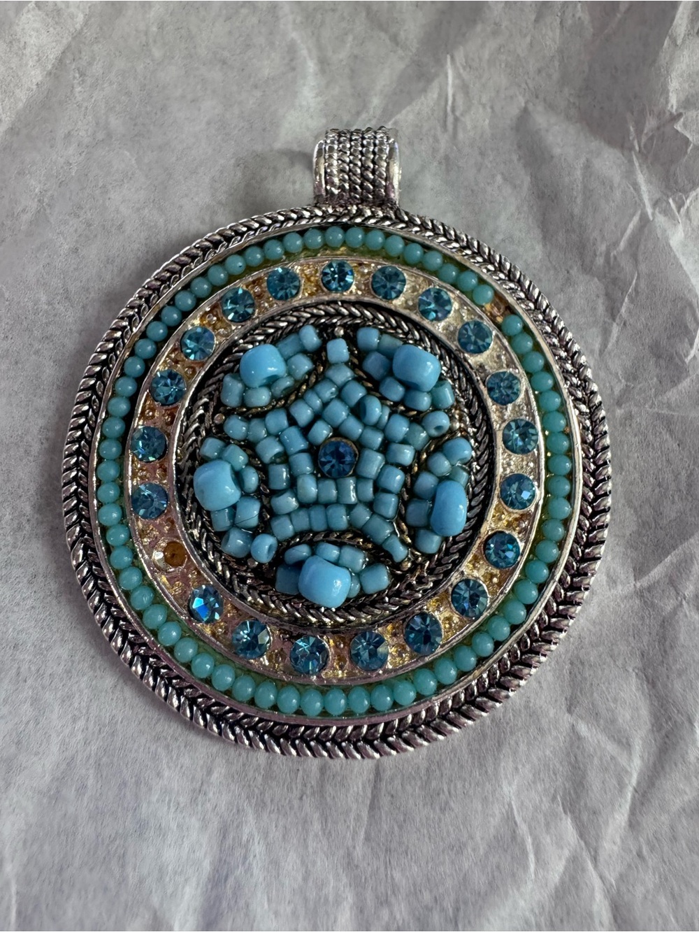 Turquoise Blue Beaded Round Pendant Necklace - Unbranded